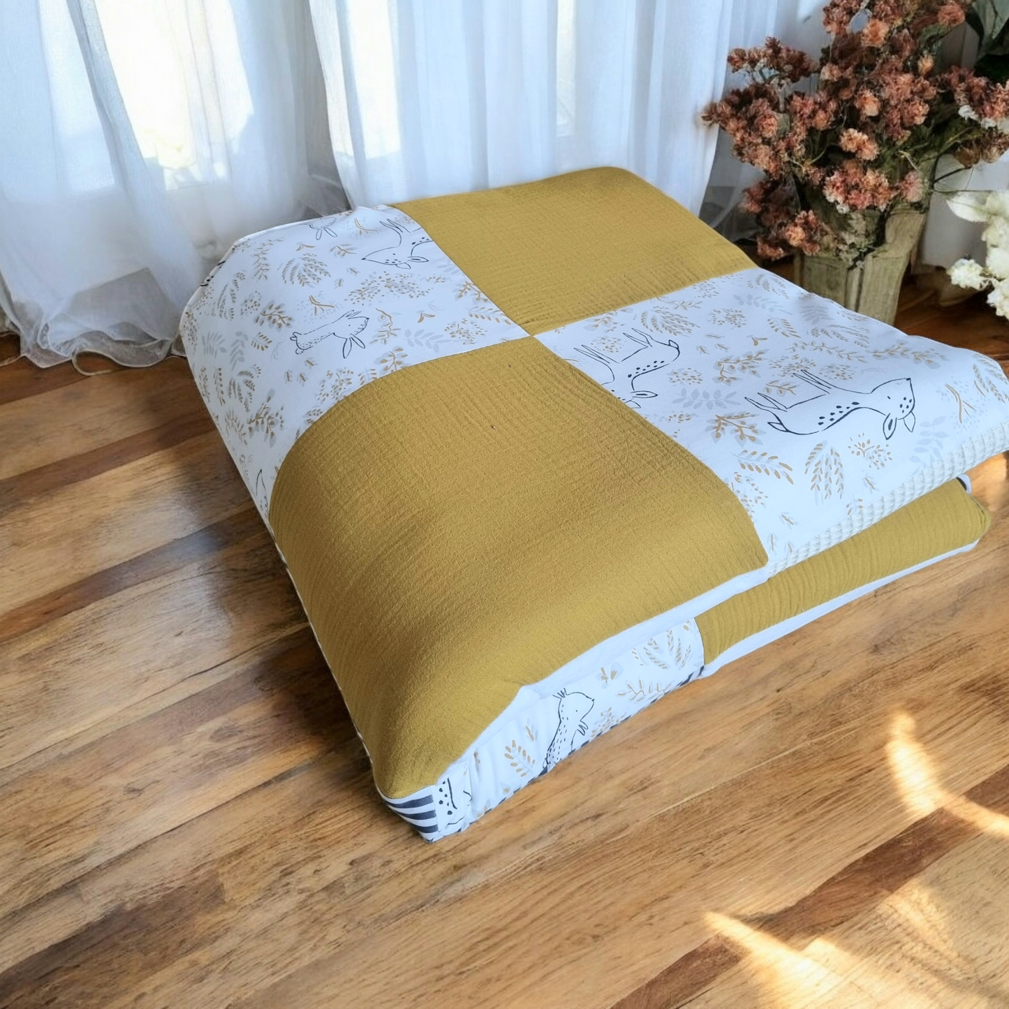 Large evolving play mat, doe and ochre, portable and machine-washable mat - Motor skills - Biquette Biquette