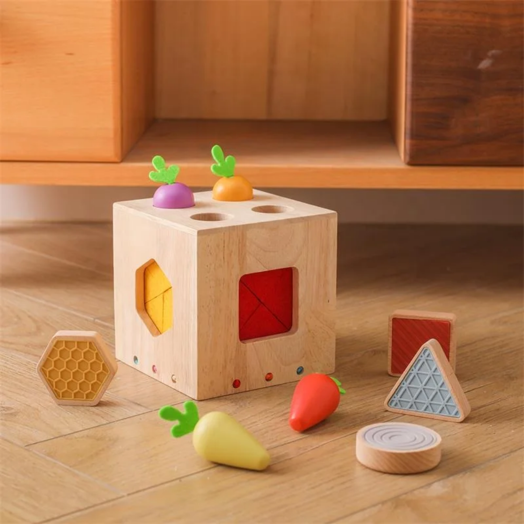 Cube d'activité en bois - Cube d’éveil en bois – Tri des formes et légumes à cueillir