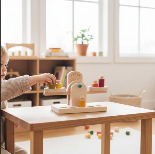 Montessori Holzwaage – Balancier- und Motorikspielzeug mit bunten Gewichten – Ab 18 Monaten